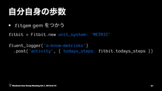 • fitgem gem
fitbit = Fitbit.new unit_system: 'METRIC'
fluent_logger('a-know-metricks')
.post('activity', { todays_steps: fitbit.todays_steps })
Mackerel User Group Meeting Vol.1, 2016/6/14 21
 