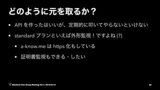 • API
• standard (?)
• a-know.me https
•
Mackerel User Group Meeting Vol.1, 2016/6/14 34
 