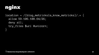 nginx
location ~ /(blog_metricks|a_know_metricks)/.+ {
allow 59.106.108.64/26;
deny all;
try_files $uri @unicorn;
}
Mackerel User Group Meeting Vol.1, 2016/6/14 39
 