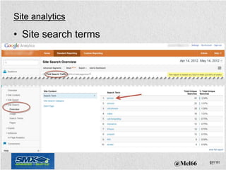 Site analytics

• Site search terms




                      @Mel66
 