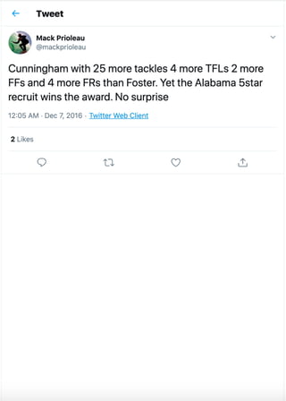 Cunningham with 25 more tackles 4 more TFLs 2 more FFs and 4 more FRs than Froster.