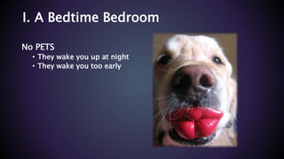 I. A Bedtime Bedroom
No PETS
• They wake you up at night
• They wake you too early
 