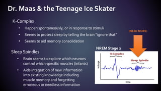 K-Complex
• Happen spontaneously, or in response to stimuli
• Seems to protect sleep by telling the brain “ignore that”
• Seems to aid memory consolidation
Dr. Maas & theTeenage Ice Skater
NREM Stage 2
(NEED MORE)
Sleep Spindles
• Brain seems to explore which neurons
control which specific muscles (infants)
• Aids integration of new information
into existing knowledge including
muscle memory and forgetting
erroneous or needless information
 