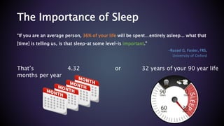 The Importance of Sleep
“If you are an average person, 36% of your life will be spent…entirely asleep... what that
[time] is telling us, is that sleep–at some level–is important.”
-Russel G. Foster, FRS,
University of Oxford
or 32 years of your 90 year lifeThat’s 4.32
months per year
 