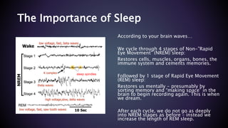 The Importance of Sleep
According to your brain waves…
We cycle through 4 stages of Non-”Rapid
Eye Movement” (NREM) sleep:
Restores cells, muscles, organs, bones, the
immune system and cements memories.
Followed by 1 stage of Rapid Eye Movement
(REM) sleep:
Restores us mentally - presumably by
sorting memory and “making space” in the
brain to begin recording again. This is when
we dream.
After each cycle, we do not go as deeply
into NREM stages as before – instead we
increase the length of REM sleep.
sleep spindles
 