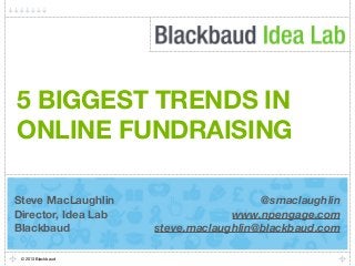 5 BIGGEST TRENDS IN
ONLINE FUNDRAISING
Steve MacLaughlin
Director, Idea Lab
Blackbaud
© 2013 Blackbaud

@smaclaughlin
www.npengage.com
steve.maclaughlin@blackbaud.com

 