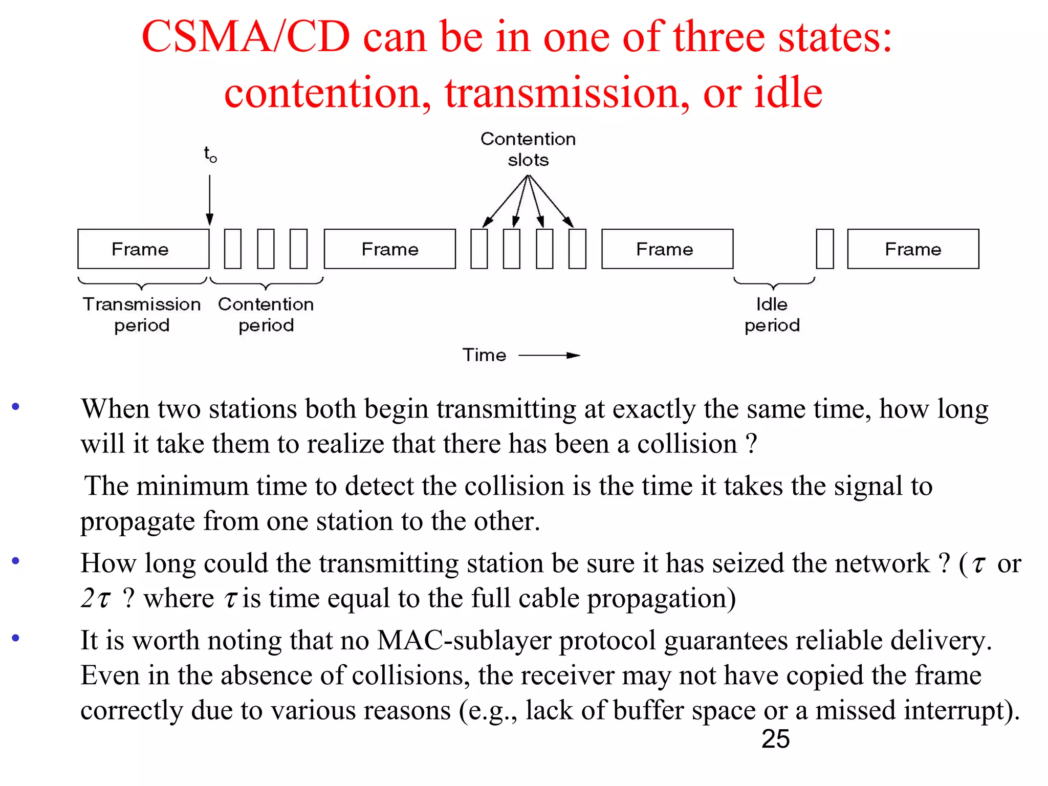 CSMA/CD can be in one of three states:
            contention, transmission, or idle




•   When two stations both begin transmitting at exactly the same time, how long
    will it take them to realize that there has been a collision ?
    The minimum time to detect the collision is the time it takes the signal to
    propagate from one station to the other.
•   How long could the transmitting station be sure it has seized the network ? ( τ or
    2τ ? where τ is time equal to the full cable propagation)
•   It is worth noting that no MAC-sublayer protocol guarantees reliable delivery.
    Even in the absence of collisions, the receiver may not have copied the frame
    correctly due to various reasons (e.g., lack of buffer space or a missed interrupt).
                                                                25
 