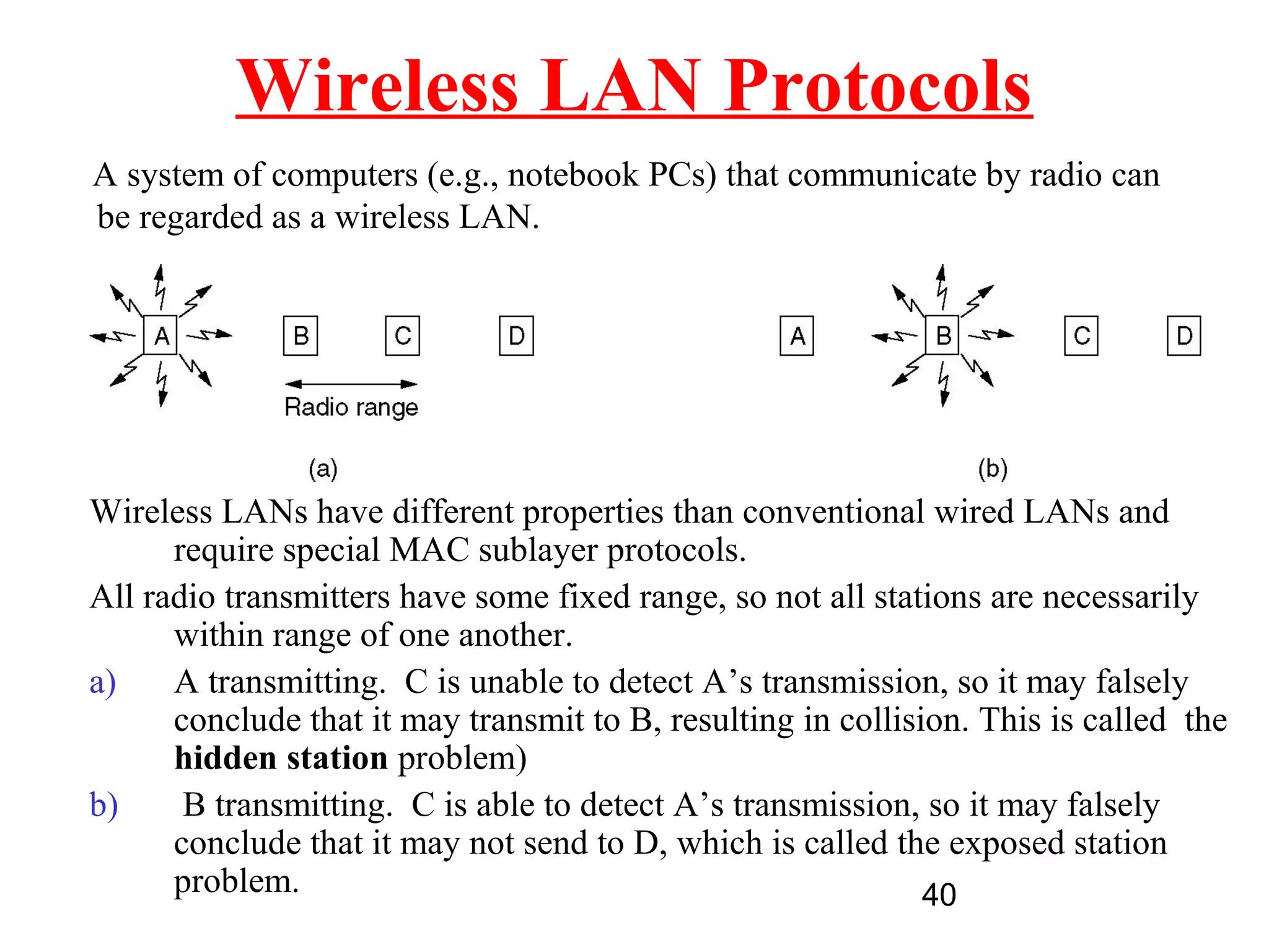 Wireless LAN Protocols
A system of computers (e.g., notebook PCs) that communicate by radio can
be regarded as a wireless LAN.




Wireless LANs have different properties than conventional wired LANs and
      require special MAC sublayer protocols.
All radio transmitters have some fixed range, so not all stations are necessarily
      within range of one another.
a)    A transmitting. C is unable to detect A’s transmission, so it may falsely
      conclude that it may transmit to B, resulting in collision. This is called the
      hidden station problem)
b)     B transmitting. C is able to detect A’s transmission, so it may falsely
      conclude that it may not send to D, which is called the exposed station
      problem.                                                40
 