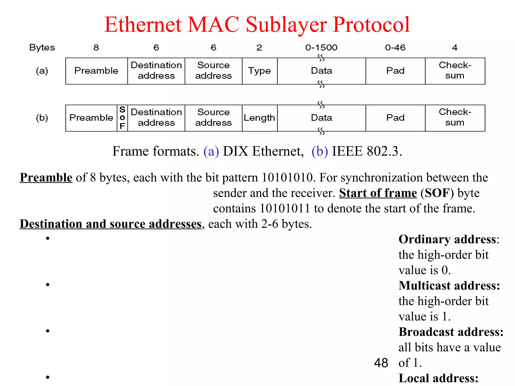 Ethernet MAC Sublayer Protocol




                  Frame formats. (a) DIX Ethernet, (b) IEEE 802.3.
Preamble of 8 bytes, each with the bit pattern 10101010. For synchronization between the
                                    sender and the receiver. Start of frame (SOF) byte
                                    contains 10101011 to denote the start of the frame.
Destination and source addresses, each with 2-6 bytes.
    •                                                                    Ordinary address:
                                                                         the high-order bit
                                                                         value is 0.
    •                                                                    Multicast address:
                                                                         the high-order bit
                                                                         value is 1.
    •                                                                    Broadcast address:
                                                                         all bits have a value
                                                                    48 of 1.
    •                                                                    Local address:
 