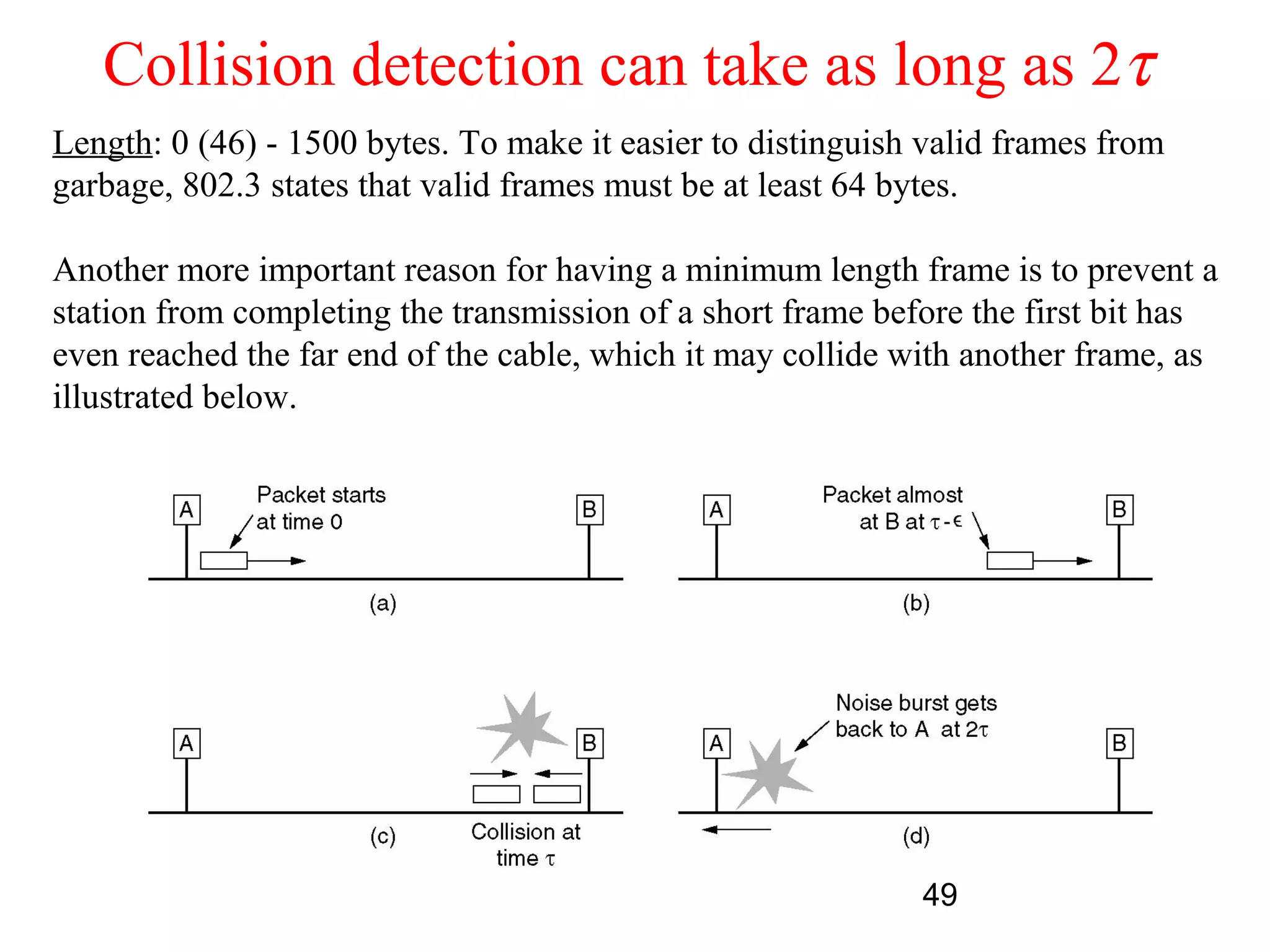 Collision detection can take as long as 2τ
Length: 0 (46) - 1500 bytes. To make it easier to distinguish valid frames from
garbage, 802.3 states that valid frames must be at least 64 bytes.

Another more important reason for having a minimum length frame is to prevent a
station from completing the transmission of a short frame before the first bit has
even reached the far end of the cable, which it may collide with another frame, as
illustrated below.




                                                             49
 