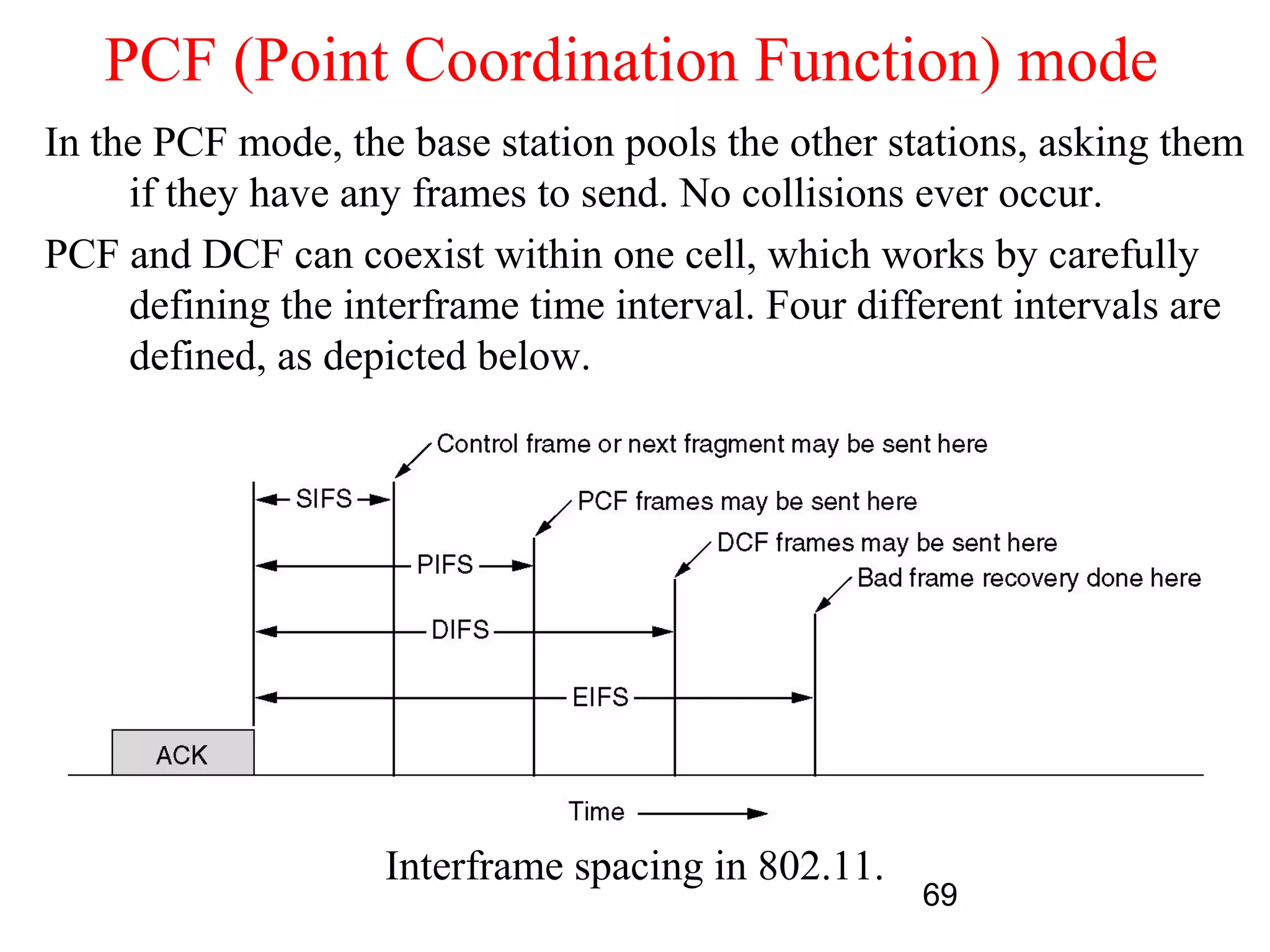 PCF (Point Coordination Function) mode
In the PCF mode, the base station pools the other stations, asking them
     if they have any frames to send. No collisions ever occur.
PCF and DCF can coexist within one cell, which works by carefully
     defining the interframe time interval. Four different intervals are
     defined, as depicted below.




                    Interframe spacing in 802.11.
                                                    69
 