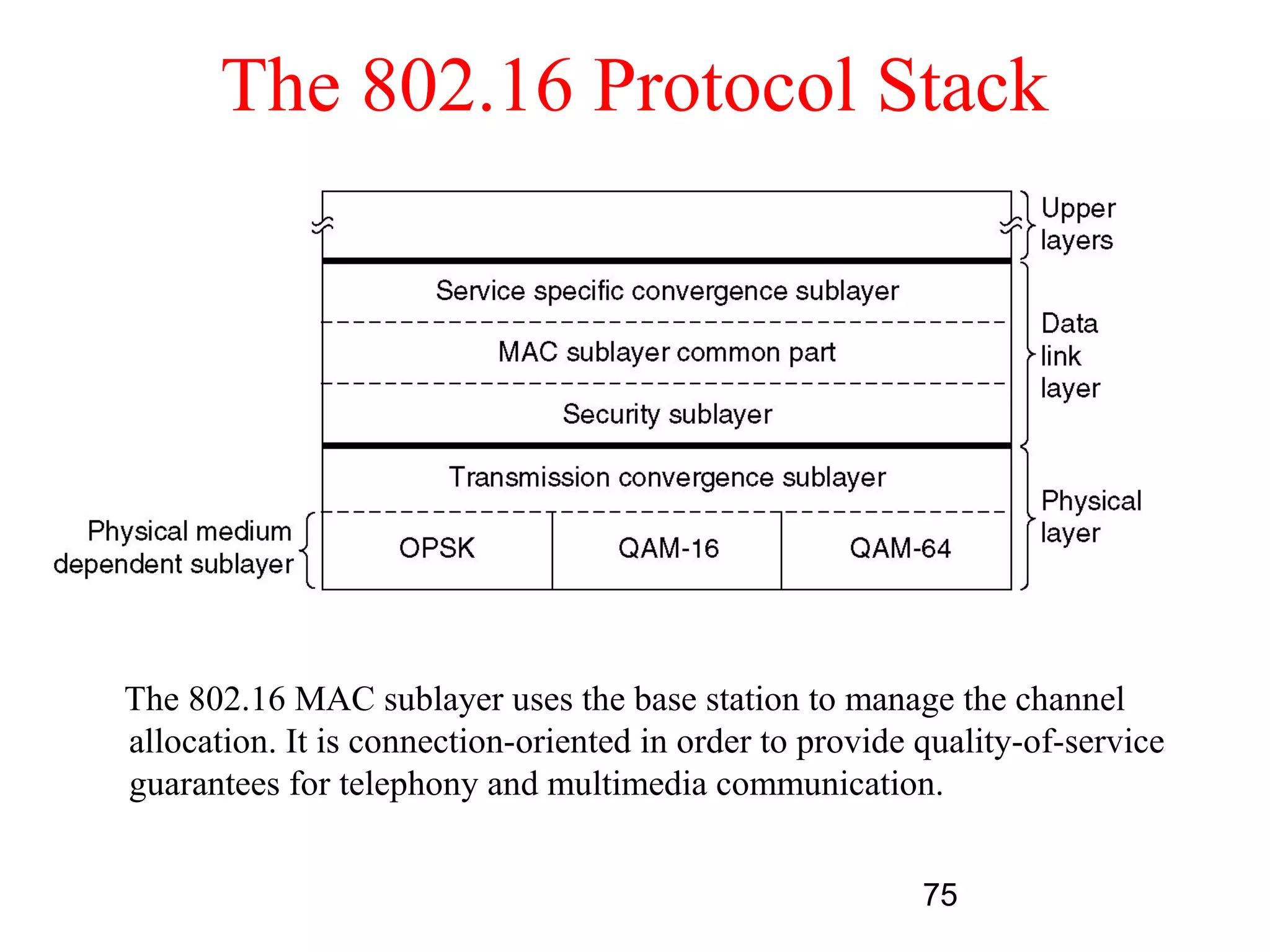 The 802.16 Protocol Stack




The 802.16 MAC sublayer uses the base station to manage the channel
allocation. It is connection-oriented in order to provide quality-of-service
guarantees for telephony and multimedia communication.


                                                          75
 