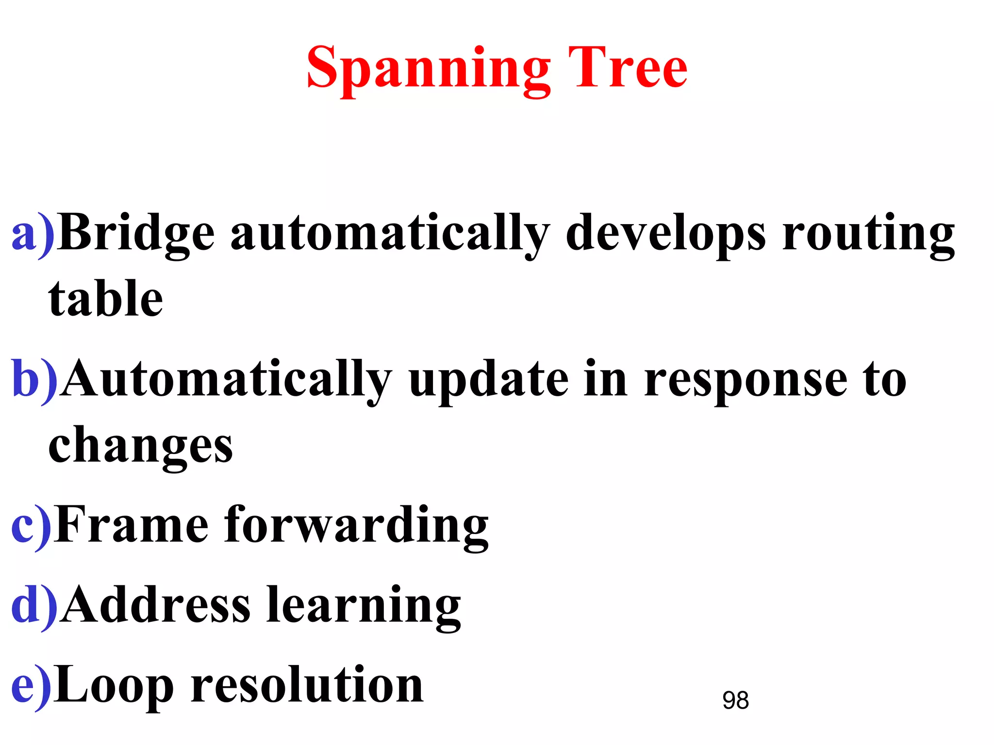 Spanning Tree

a)Bridge automatically develops routing
  table
b)Automatically update in response to
  changes
c)Frame forwarding
d)Address learning
e)Loop resolution            98
 