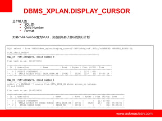 DBMS_XPLAN.DISPLAY_CURSOR
三个输入值：
• SQL_ID
• Child Number
• Format

如果child number置为NULL，则返回所有子游标的执行计划

SQL> select * from TABLE(dbms_xplan.display_cursor('fk641nh8gjzvk',NULL,'ADVANCED +PEEKED_BINDS'));
PLAN_TABLE_OUTPUT
-----------------------------------------------------------------------SQL_ID fk641nh8gjzvk, child number 0
Plan hash value: 2604078056

---------------------------------------------------------------------------------| Id | Operation
| Name
| Rows | Bytes | Cost (%CPU)| Time
|
---------------------------------------------------------------------------------|
0 | SELECT STATEMENT |
|
|
| 1157 (100)|
|
|* 1 | TABLE ACCESS FULL| DATA_SKEW_HB | 20042 |
352K| 1157
(1)| 00:00:14 |
---------------------------------------------------------------------------------SQL_ID fk641nh8gjzvk, child number 1
------------------------------------select /*+ MACLEAN */ source from DATA_SKEW_HB where access_no between
20 and 200000
Plan hash value: 1444339438
-------------------------------------------------------------------------------------------| Id | Operation
| Name
| Rows | Bytes | Cost (%CPU)| Time
|
-------------------------------------------------------------------------------------------|
0 | SELECT STATEMENT
|
|
|
|
113 (100)|
|
|
1 | TABLE ACCESS BY INDEX ROWID| DATA_SKEW_HB | 20042 |
352K|
113
(0)| 00:00:02 |
|* 2 |
INDEX RANGE SCAN
| INDEX_NO
| 20042 |
|
1
(0)| 00:00:01 |
--------------------------------------------------------------------------------------------

www.askmaclean.com

www.askmaclean.com
www.askmaclean.com

 