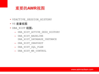 重要的AWR视图
• V$ACTIVE_SESSION_HISTORY
• V$ 度量视图
• DBA_HIST 视图：
– DBA_HIST_ACTIVE_SESS_HISTORY
– DBA_HIST_BASELINE
DBA_HIST_DATABASE_INSTANCE
– DBA_HIST_SNAPSHOT

– DBA_HIST_SQL_PLAN
– DBA_HIST_WR_CONTROL

www.askmaclean.com

www.askmaclean.com
www.askmaclean.com

 