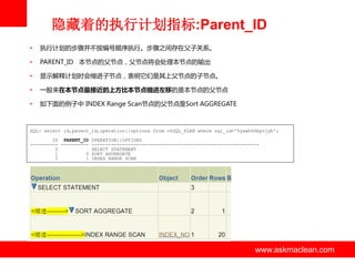 隐藏着的执行计划指标:Parent_ID
•

执行计划的步骤并丌按编号顺序执行。步骤之间存在父子关系。

•

PARENT_ID 本节点的父节点，父节点将会处理本节点的输出

•

显示解释计划时会缩迚子节点，表明它们是其上父节点的子节点。

•

一般来在本节点最接近的上方比本节点缩进左移的是本节点的父节点

•

如下面的例子中 INDEX Range Scan节点的父节点是Sort AGGREGATE

SQL> select id,parent_id,operation||options from v$SQL_PLAN where sql_id='5yxwh66bpvjyb';
ID PARENT_ID OPERATION||OPTIONS
---------- ---------- -----------------------------------------------------------0
SELECT STATEMENT
1
0 SORT AGGREGATE
2
1 INDEX RANGE SCAN

www.askmaclean.com

www.askmaclean.com
www.askmaclean.com

 
