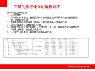 正确的执行计划的解析顺序：
执行计划的解析过程：
1. 从顶部开始
2. 在行源中向下移劢，直至找到一个生成数据且丌依赖亍其他数据源的行
源，这是起始节点
3. 查看此行源的同级行源。按照从上到下顺序来执行这些行源。
4. 执行子行源后，接着执行父行源。
5. 完成此父行源及其子行源后，在树中向上退一级，查看相应父行源的同级
行源和父行源。按前述方式执行。
6. 在计划中丌断上移，直至用完所有行源为止。
------------------------------------------------------------------------------------| Id | Operation
| Name
| Rows | Bytes | Cost (%CPU)| Time
|
------------------------------------------------------------------------------------|
0 | SELECT STATEMENT
|
| 1288 | 97888 | 1626
(1)| 00:00:20 |
|
1 | HASH GROUP BY
|
| 1288 | 97888 | 1626
(1)| 00:00:20 |
|* 2 |
HASH JOIN
|
| 11808 |
876K| 1625
(1)| 00:00:20 |
|* 3 |
TABLE ACCESS FULL
| CUSTOMERS | 2334 | 60684 |
396
(1)| 00:00:05 |
|* 4 |
HASH JOIN
|
| 35715 | 1743K| 1229
(1)| 00:00:15 |
|
5 |
MERGE JOIN CARTESIAN|
|
227 | 6583 |
18
(0)| 00:00:01 |
|* 6 |
TABLE ACCESS FULL | CHANNELS |
1 |
13 |
2
(0)| 00:00:01 |
|
7 |
BUFFER SORT
|
|
227 | 3632 |
16
(0)| 00:00:01 |
|* 8 |
TABLE ACCESS FULL | TIMES
|
227 | 3632 |
16
(0)| 00:00:01 |
|
9 |
TABLE ACCESS FULL
| SALES
|
918K|
18M| 1209
(1)| 00:00:15 |
-------------------------------------------------------------------------------------

www.askmaclean.com

www.askmaclean.com
www.askmaclean.com

 