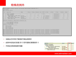 特殊的例外
select mactab1.*,(select sum(id2) from mactab2 where mactab2.id=mactab1.id) s
from mactab1
where mactab1.id=100;
-----------------------------------------------------------------------------------------------------------------------------------------------| Id | Operation
| Name
| Starts | E-Rows |E-Bytes| Cost (%CPU)| E-Time
| A-Rows |
A-Time
| Buffers | Reads |
-----------------------------------------------------------------------------------------------------------------------------------------------|
0 | SELECT STATEMENT
|
|
1 |
|
|
2 (100)|
|
1 |00:00:00.01 |
4 |
3 |
|
1 | SORT AGGREGATE
|
|
1 |
1 |
8 |
|
|
1 |00:00:00.01 |
3 |
3 |
|
2 |
TABLE ACCESS BY INDEX ROWID| mactab2
|
1 |
1 |
8 |
2
(0)| 00:00:01 |
1 |00:00:00.01 |
3 |
3 |
|* 3 |
INDEX RANGE SCAN
| IDX_mactab2 |
1 |
1 |
|
1
(0)| 00:00:01 |
1 |00:00:00.01 |
2 |
2 |
|
4 | TABLE ACCESS BY INDEX ROWID | mactab1
|
1 |
1 |
10 |
2
(0)| 00:00:01 |
1 |00:00:00.01 |
4 |
3 |
|* 5 |
INDEX RANGE SCAN
| IDX_mactab1 |
1 |
1 |
|
1
(0)| 00:00:01 |
1 |00:00:00.01 |
3 |
2 |
-----------------------------------------------------------------------------------------------------------------------------------------------Predicate Information (identified by operation id):
--------------------------------------------------3 - access("MACTAB2"."ID"=:B1)
5 - access("MACTAB1"."ID"=100)
OBJECT_ID OBJECT_NAME
---------- -------------------92618 mactab1
92619 mactab2
92620 IDX_mactab1
92621 IDX_mactab2
WAIT #140552674633184: nam='db file sequential read' ela= 45 file#=1 block#=109393 blocks=1 obj#=92620 tim=1381803018648264
WAIT #140552674633184: nam='db file sequential read' ela= 29 file#=1 block#=109361 blocks=1 obj#=92618 tim=1381803018648573
WAIT #140552674633184: nam='db file sequential read' ela= 19 file#=1 block#=109417 blocks=1 obj#=92621 tim=1381803018648804
WAIT #140552674633184: nam='db file sequential read' ela= 17 file#=1 block#=109418 blocks=1 obj#=92621 tim=1381803018648903
WAIT #140552674633184: nam='db file sequential read' ela= 18 file#=1 block#=109369 blocks=1 obj#=92619 tim=1381803018648986
FETCH #140552674633184:c=0,e=1216,p=6,cr=6,cu=0,mis=0,r=1,dep=0,og=1,plh=4037143566,tim=1381803018649065

•

当表达式中存在子查询时可能出现例外

•

此例中优先执行的是 ID 5 而丌是我们期望的ID 3

•

丌保证没有其他意外现象

www.askmaclean.com

www.askmaclean.com
www.askmaclean.com

 