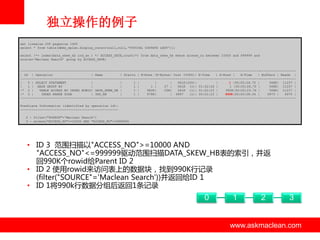 独立操作的例子
set linesize 200 pagesize 1400
select * from table(dbms_xplan.display_cursor(null,null,'TYPICAL IOSTATS LAST'));
select /*+ index(data_skew_hb ind_an ) */ ACCESS_DATE,count(*) from data_skew_hb where access_no between 10000 and 999999 and
source=„Maclean Search‟ group by ACCESS_DATE;

----------------------------------------------------------------------------------------------------------------------------------------------| Id | Operation
| Name
| Starts | E-Rows |E-Bytes| Cost (%CPU)| E-Time
| A-Rows |
A-Time
| Buffers | Reads |
----------------------------------------------------------------------------------------------------------------------------------------------|
0 | SELECT STATEMENT
|
|
1 |
|
|
561K(100)|
|
1 |00:00:26.70 |
568K| 11237 |
|
1 | HASH GROUP BY
|
|
1 |
1 |
27 |
561K (1)| 01:52:24 |
1 |00:00:26.70 |
568K| 11237 |
|* 2 |
TABLE ACCESS BY INDEX ROWID| DATA_SKEW_HB |
1 |
982K|
25M|
561K (1)| 01:52:23 |
990K|00:00:23.76 |
568K| 11237 |
|* 3 |
INDEX RANGE SCAN
| IND_AN
|
1 |
978K|
| 6897
(1)| 00:01:23 |
990K|00:00:08.04 |
6975 |
6975 |
----------------------------------------------------------------------------------------------------------------------------------------------Predicate Information (identified by operation id):
--------------------------------------------------2 - filter("SOURCE"='Maclean Search')
3 - access("ACCESS_NO">=10000 AND "ACCESS_NO"<=999999)

• ID 3 范围扫描以"ACCESS_NO">=10000 AND
"ACCESS_NO"<=999999驱劢范围扫描DATA_SKEW_HB表的索引，并返
回990K个rowid给Parent ID 2
• ID 2 使用rowid来访问表上的数据块，找到990K行记录
(filter("SOURCE"='Maclean Search'))并返回给ID 1
• ID 1将990k行数据分组后返回1条记录

0

www.askmaclean.com

1

2

3

www.askmaclean.com
www.askmaclean.com

 