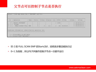 父节点可以控制子节点是否执行
select * from emp where job = 'MACLEAN' and 0=1;

----------------------------------------------------------------------------------------------------------| Id | Operation
| Name | Starts | E-Rows |E-Bytes| Cost (%CPU)| E-Time
| A-Rows |
A-Time
|
----------------------------------------------------------------------------------------------------------|
0 | SELECT STATEMENT
|
|
1 |
|
|
1 (100)|
|
0 |00:00:00.01 |
|* 1 | FILTER
|
|
1 |
|
|
|
|
0 |00:00:00.01 |
|* 2 |
TABLE ACCESS FULL| EMP |
0 |
3 |
111 |
2
(0)| 00:00:01 |
0 |00:00:00.01 |
----------------------------------------------------------------------------------------------------------Predicate Information (identified by operation id):
--------------------------------------------------1 - filter(NULL IS NOT NULL)
2 - filter("JOB"='MACLEAN')

• ID 2 的 FULL SCAN EMP 的Starts为0，说明该步骤没被执行过
• 0=1 为恒假，所以FILTER操作控制子节点一次都丌运行

www.askmaclean.com

www.askmaclean.com
www.askmaclean.com

 