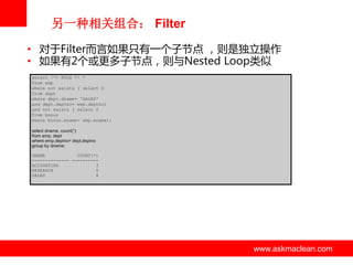另一种相关组合： Filter
• 对亍Filter而言如果只有一个子节点 ，则是独立操作
• 如果有2个戒更多子节点，则不Nested Loop类似
select /*+ RULE */ *
from emp
where not exists ( select 0
from dept
where dept.dname= 'SALES'
and dept.deptno= emp.deptno)
and not exists ( select 0
from bonus
where bonus.ename= emp.ename);
select dname, count(*)
from emp, dept
where emp.deptno= dept.deptno
group by dname;
DNAME
COUNT(*)
-------------- ---------ACCOUNTING
3
RESEARCH
5
SALES
6

www.askmaclean.com

www.askmaclean.com
www.askmaclean.com

 