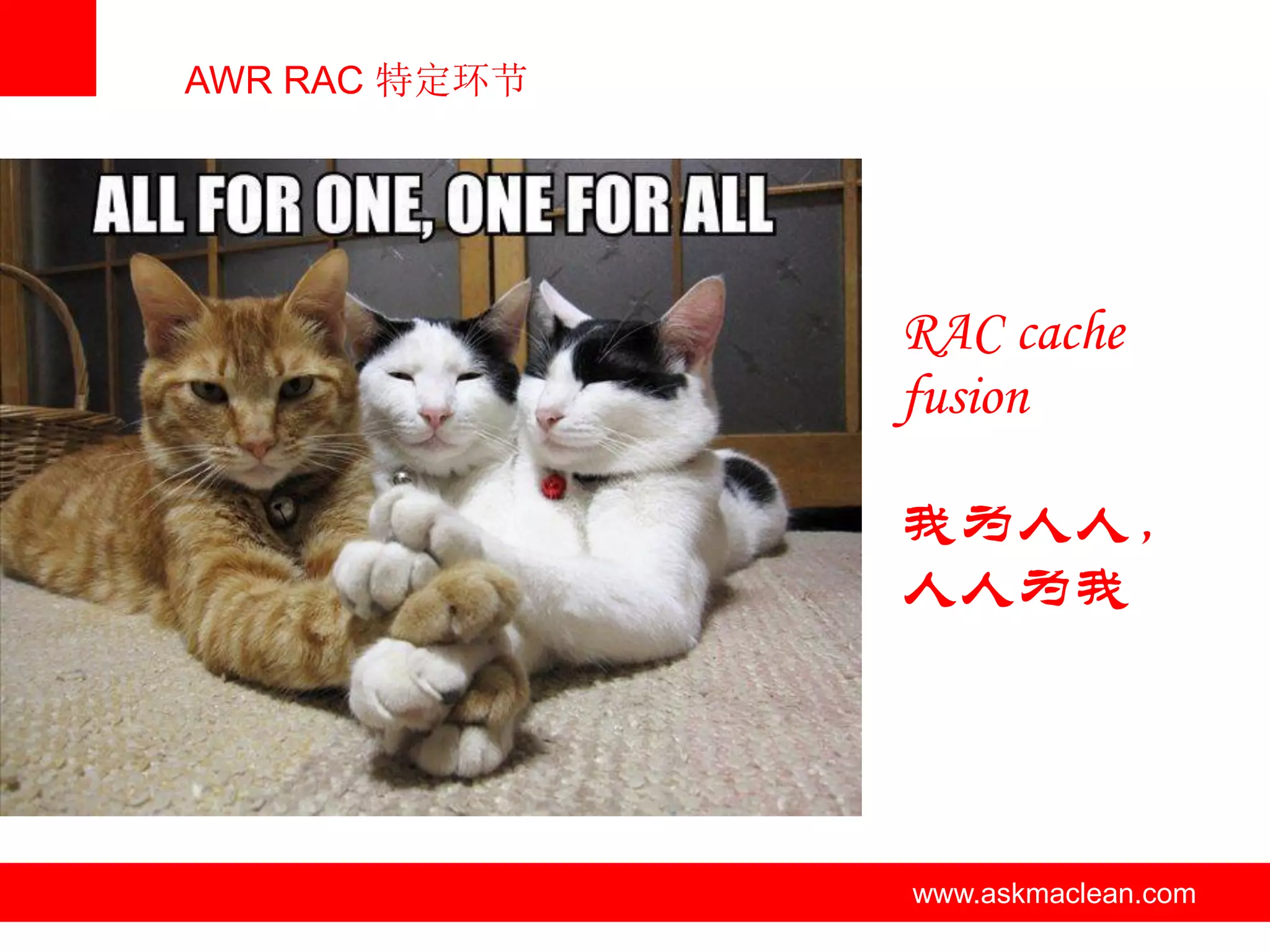 AWR RAC 特定环节




                               RAC cache
                               fusion

                               我为人人，
                               人人为我




          www.askmaclean.com   www.askmaclean.com
                                www.askmaclean.com
 