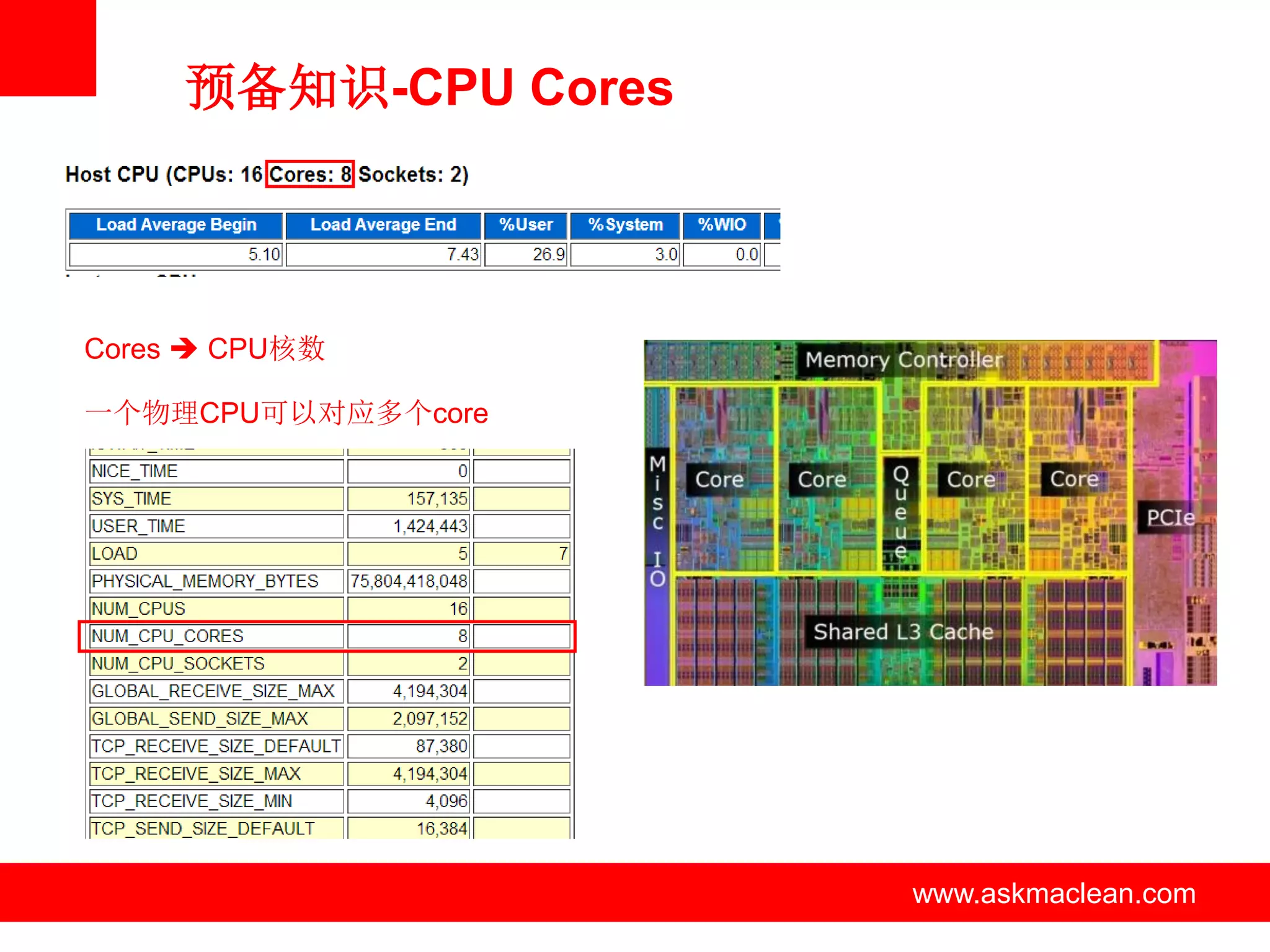 预备知识-CPU Cores



Cores  CPU核数

一个物理CPU可以对应多个core




                    www.askmaclean.com   www.askmaclean.com
                                          www.askmaclean.com
 