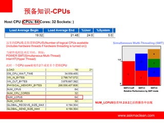 预备知识-CPUs



这里的CPU数是指逻辑CPU数(Number of logical CPUs available
(includes hardware threads if hardware threading is turned on))

当硬件线程技术打开时，例如：
POWER SMT(Simultaneous Multi-Thread)
Intel HT(Hyper Thread)

此时一个CPU core被视作2个或更多个逻辑CPU




                                                                  NUM_LCPUS仅在11.2.0.2之后的报告中出现



                                            www.askmaclean.com              www.askmaclean.com
                                                                             www.askmaclean.com
 