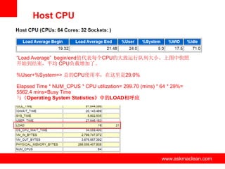 Host CPU



“Load Average” begin/end值代表每个CPU的大致运行队列大小。上图中快照
开始到结束，平均 CPU负载增加了。

%User+%System=> 总的CPU使用率，在这里是29.0%

Elapsed Time * NUM_CPUS * CPU utilization= 299.70 (mins) * 64 * 29%=
5562.4 mins=Busy Time
与《Operating System Statistics》中的LOAD相呼应




                            www.askmaclean.com             www.askmaclean.com
                                                            www.askmaclean.com
 