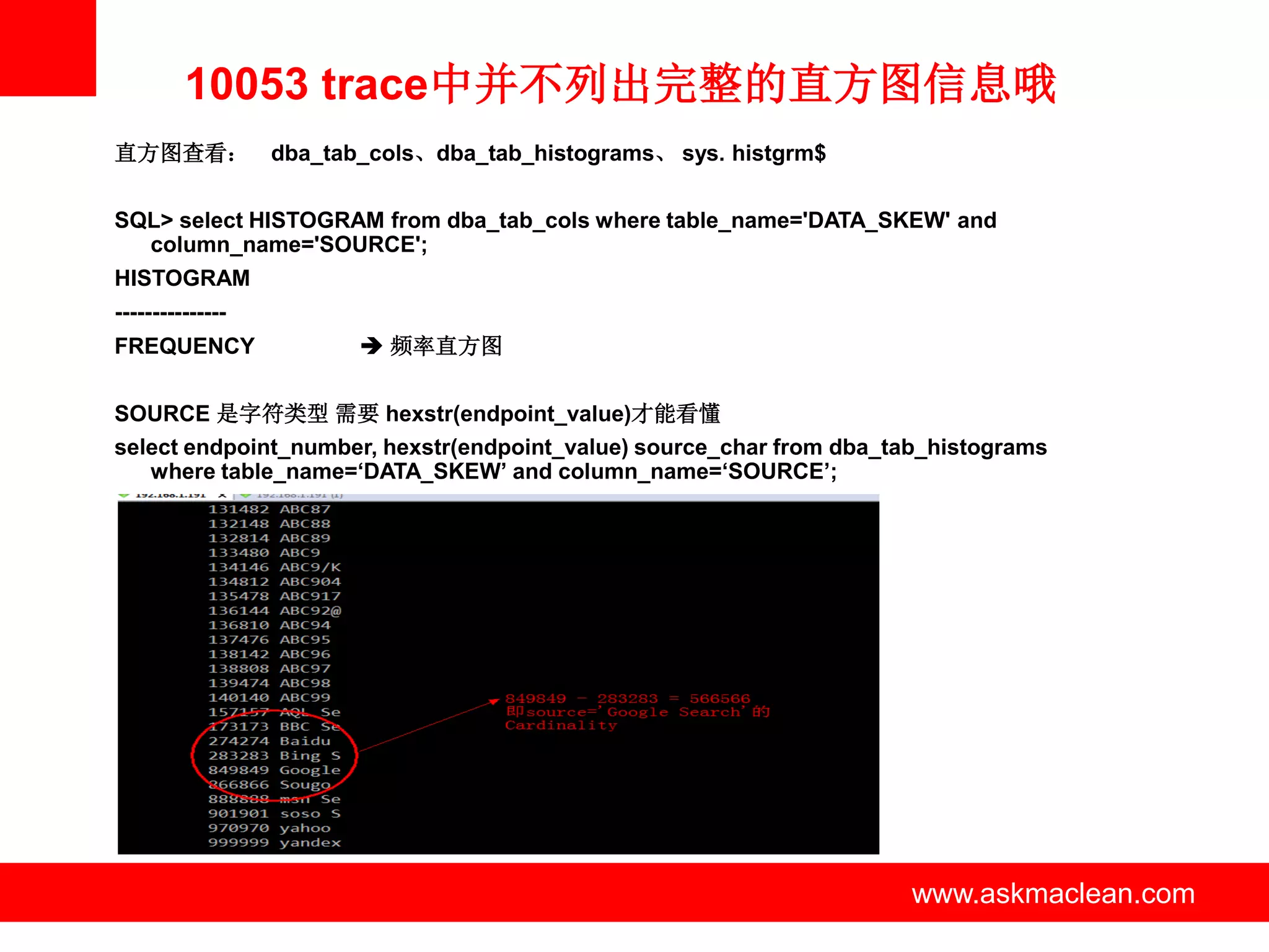 10053 trace中并不列出完整的直方图信息哦
直方图查看： dba_tab_cols、dba_tab_histograms、 sys. histgrm$

SQL> select HISTOGRAM from dba_tab_cols where table_name='DATA_SKEW' and
  column_name='SOURCE';
HISTOGRAM
---------------
FREQUENCY             频率直方图


SOURCE 是字符类型 需要 hexstr(endpoint_value)才能看懂
select endpoint_number, hexstr(endpoint_value) source_char from dba_tab_histograms
   where table_name=‘DATA_SKEW’ and column_name=‘SOURCE’;




                                 www.askmaclean.com                   www.askmaclean.com
                                                                       www.askmaclean.com
 