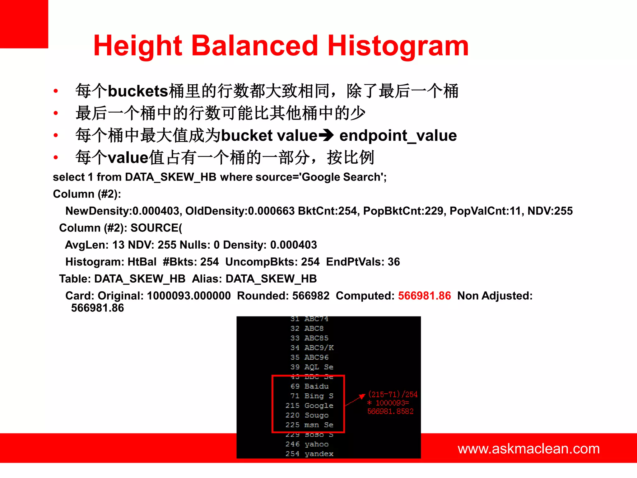 Height Balanced Histogram
•     每个buckets桶里的行数都大致相同，除了最后一个桶
•     最后一个桶中的行数可能比其他桶中的少
•     每个桶中最大值成为bucket value endpoint_value
•     每个value值占有一个桶的一部分，按比例
select 1 from DATA_SKEW_HB where source='Google Search';
Column (#2):
     NewDensity:0.000403, OldDensity:0.000663 BktCnt:254, PopBktCnt:229, PopValCnt:11, NDV:255
    Column (#2): SOURCE(
    AvgLen: 13 NDV: 255 Nulls: 0 Density: 0.000403
     Histogram: HtBal #Bkts: 254 UncompBkts: 254 EndPtVals: 36
    Table: DATA_SKEW_HB Alias: DATA_SKEW_HB
     Card: Original: 1000093.000000 Rounded: 566982 Computed: 566981.86 Non Adjusted:
      566981.86




                                     www.askmaclean.com                  www.askmaclean.com
                                                                          www.askmaclean.com
 