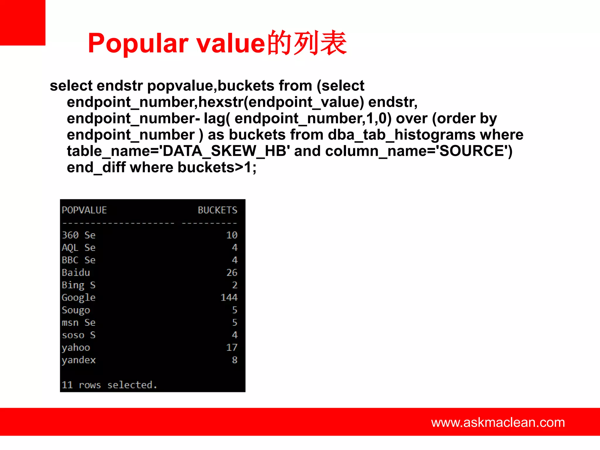 Popular value的列表
select endstr popvalue,buckets from (select
  endpoint_number,hexstr(endpoint_value) endstr,
  endpoint_number- lag( endpoint_number,1,0) over (order by
  endpoint_number ) as buckets from dba_tab_histograms where
  table_name='DATA_SKEW_HB' and column_name='SOURCE')
  end_diff where buckets>1;




                       www.askmaclean.com       www.askmaclean.com
                                                 www.askmaclean.com
 