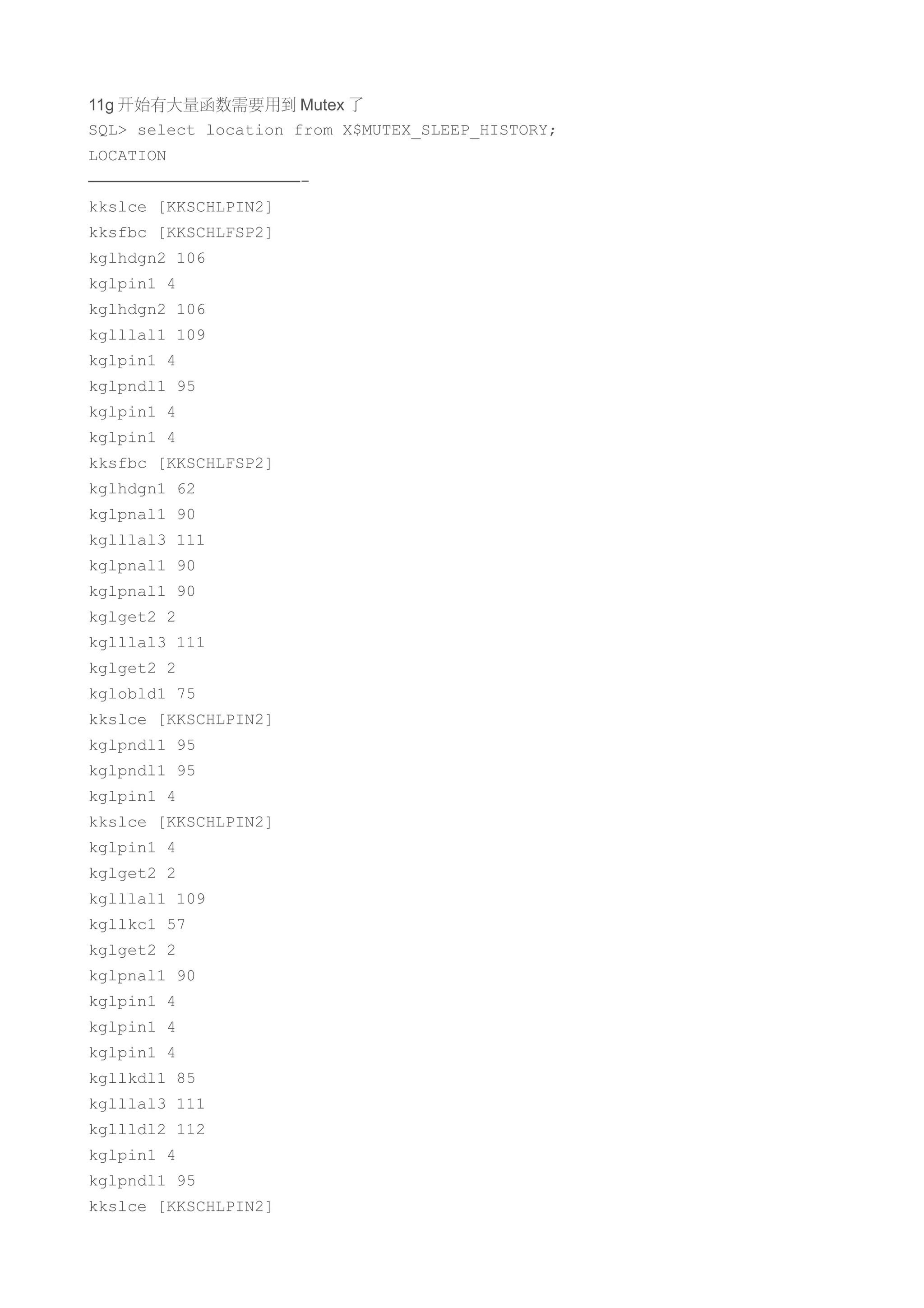 11g 开始有大量函数需要用到 Mutex 了
SQL> select location from X$MUTEX_SLEEP_HISTORY;
LOCATION
—————————————-
kkslce [KKSCHLPIN2]
kksfbc [KKSCHLFSP2]
kglhdgn2 106
kglpin1 4
kglhdgn2 106
kglllal1 109
kglpin1 4
kglpndl1 95
kglpin1 4
kglpin1 4
kksfbc [KKSCHLFSP2]
kglhdgn1 62
kglpnal1 90
kglllal3 111
kglpnal1 90
kglpnal1 90
kglget2 2
kglllal3 111
kglget2 2
kglobld1 75
kkslce [KKSCHLPIN2]
kglpndl1 95
kglpndl1 95
kglpin1 4
kkslce [KKSCHLPIN2]
kglpin1 4
kglget2 2
kglllal1 109
kgllkc1 57
kglget2 2
kglpnal1 90
kglpin1 4
kglpin1 4
kglpin1 4
kgllkdl1 85
kglllal3 111
kgllldl2 112
kglpin1 4
kglpndl1 95
kkslce [KKSCHLPIN2]
 