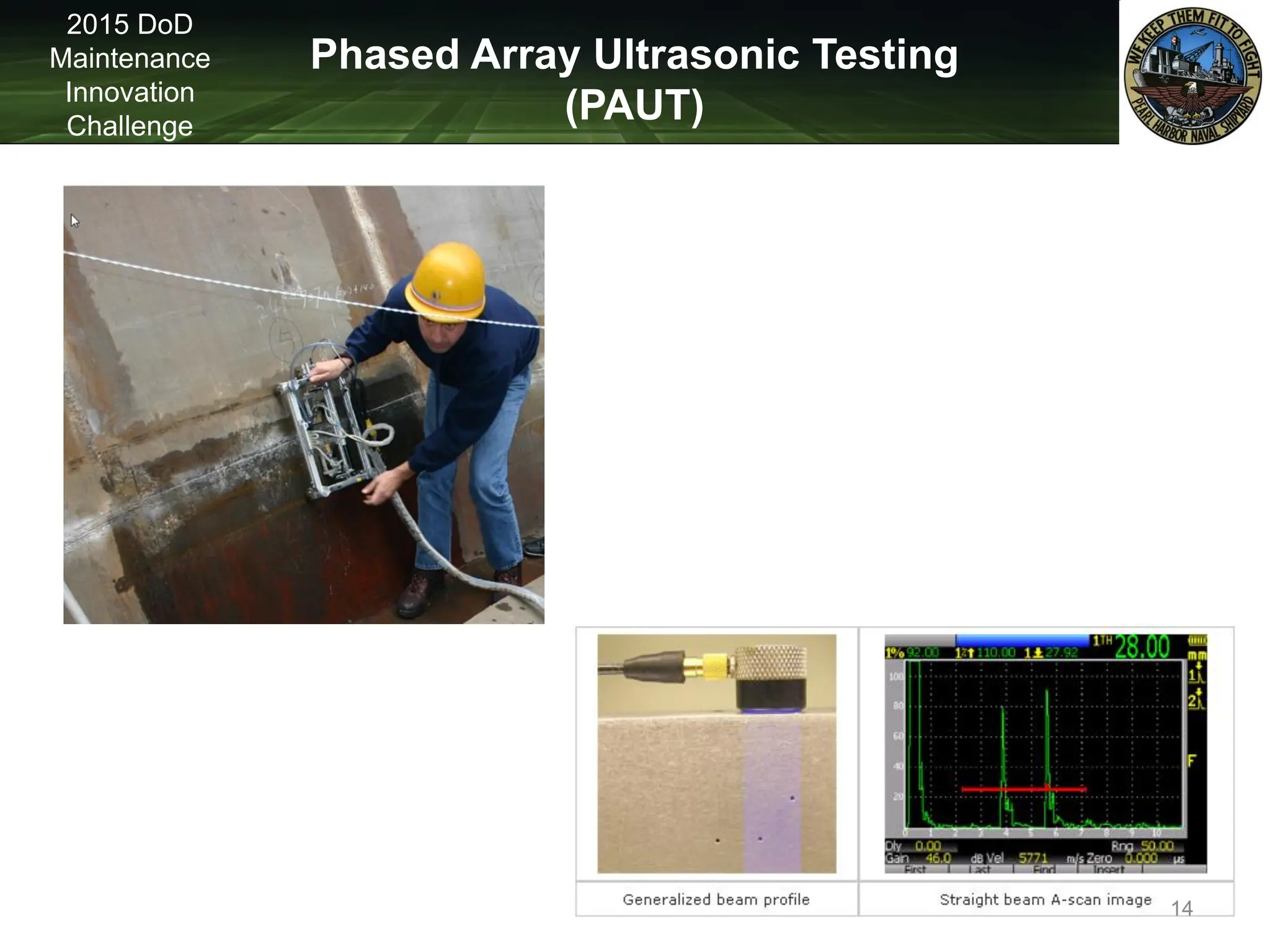 Phased Array Ultrasonic Testing
(PAUT)
2015 DoD
Maintenance
Innovation
Challenge
14
 
