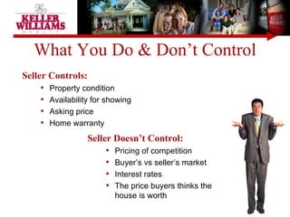 What You Do & Don’t Control Seller Controls: Property condition Availability for showing  Asking price  Home warranty Seller Doesn’t Control: Pricing of competition Buyer’s vs seller’s market Interest rates The price buyers thinks the house is worth 