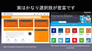実はかなり選択肢が豊富です
https://vmdepot.msopentech.com/List/Index
http://azure.microsoft.com/ja-jp/marketplace/virtual-
machines/
 