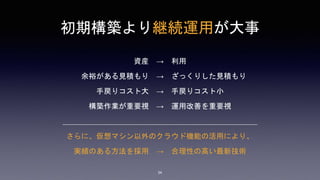 初期構築より継続運用が大事
資産 → 利用
余裕がある見積もり → ざっくりした見積もり
手戻りコスト大 → 手戻りコスト小
構築作業が重要視 → 運用改善を重要視
さらに、仮想マシン以外のクラウド機能の活用により、
実績のある方法を採用 → 合理性の高い最新技術
34
 