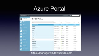 Azure Portal
• https://manage.windowsazure.com
 