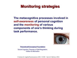 Monitoring strategies The metacognitive processes involved in  self-awareness  of personal cognition and the  monitoring  of various components of one’s thinking during task performance. Theoretical/Conceptual Foundation Social Cognitive Theories of Self-Regulation, Volition & Motivation 