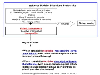 State & district governance & organization School demographic, culture, climate, policies & practice Home & community contexts Design & delivery of curriculum & instruction Classroom practices   Influence  Walberg’s Model of Educational Productivity Which potentially  modifiable   non-cognitive learner characteristics  have demonstrated empirical links to improved student learning? Which potentially  modifiable   non-cognitive learner characteristics  (with demonstrated empirical links to improved student learning) have been identified as valued educational outcomes? Learner characteristics Cognitive or conceptual Non-cognitive Key Questions Student learning 