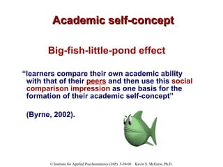 Academic self-concept Big-fish-little-pond effect “ learners compare their own academic ability with that of their  peers  and then use this  social comparison impression  as one basis for the formation of their academic self-concept”  (Byrne, 2002). 