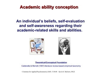 Academic ability conception An individual’s beliefs, self-evaluation and self-awareness regarding their academic-related skills and abilities.   Theoretical/Conceptual Foundation Calderalla & Merrell (1997) literature review-based empirical taxonomy 