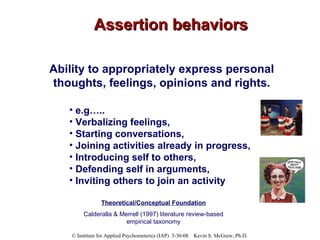 Assertion behaviors Ability to appropriately express personal thoughts, feelings, opinions and rights. e.g…..  Verbalizing feelings,  Starting conversations,  Joining activities already in progress,  Introducing self to others,  Defending self in arguments,  Inviting others to join an activity Theoretical/Conceptual Foundation Calderalla & Merrell (1997) literature review-based empirical taxonomy 