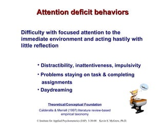 Attention deficit behaviors Difficulty with focused attention to the immediate environment and acting hastily with little reflection Distractibility, inattentiveness, impulsivity Problems staying on task & completing  assignments  Daydreaming Theoretical/Conceptual Foundation Calderalla & Merrell (1997) literature review-based empirical taxonomy 