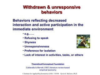 Withdrawn & unresponsive behaviors Behaviors reflecting decreased interaction and active participation in the immediate environment e.g……  Refusing to speak Shyness Unresponsiveness Preference for isolation Lack of interest in activities, tasks, or others Theoretical/Conceptual Foundation Calderalla & Merrell (1997) literature review-based empirical taxonomy 