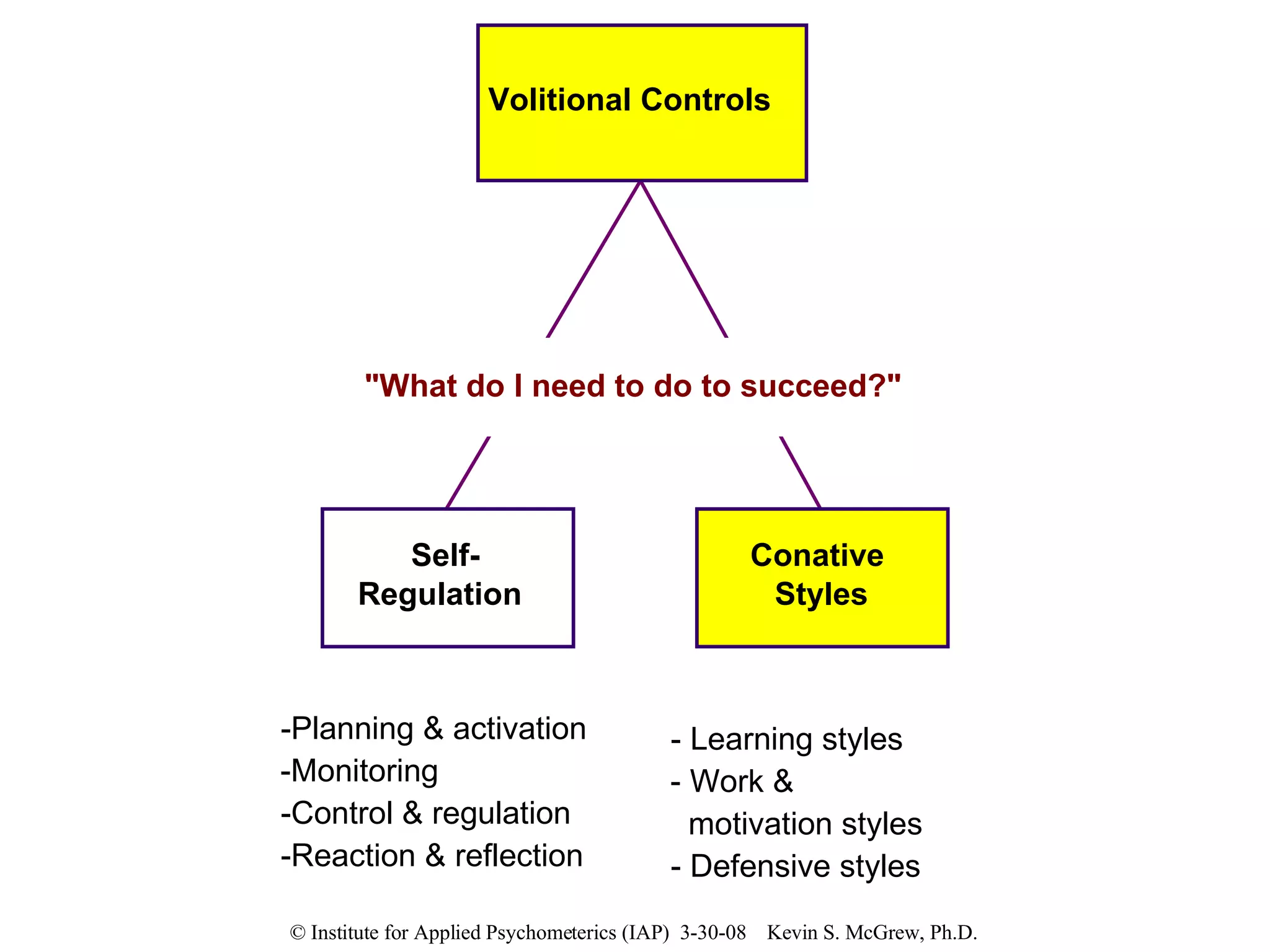 Volitional Controls Self- Regulation Conative Styles -Planning & activation -Monitoring -Control & regulation -Reaction & reflection - Learning styles - Work &  motivation styles - Defensive styles "What do I need to do to succeed?" 