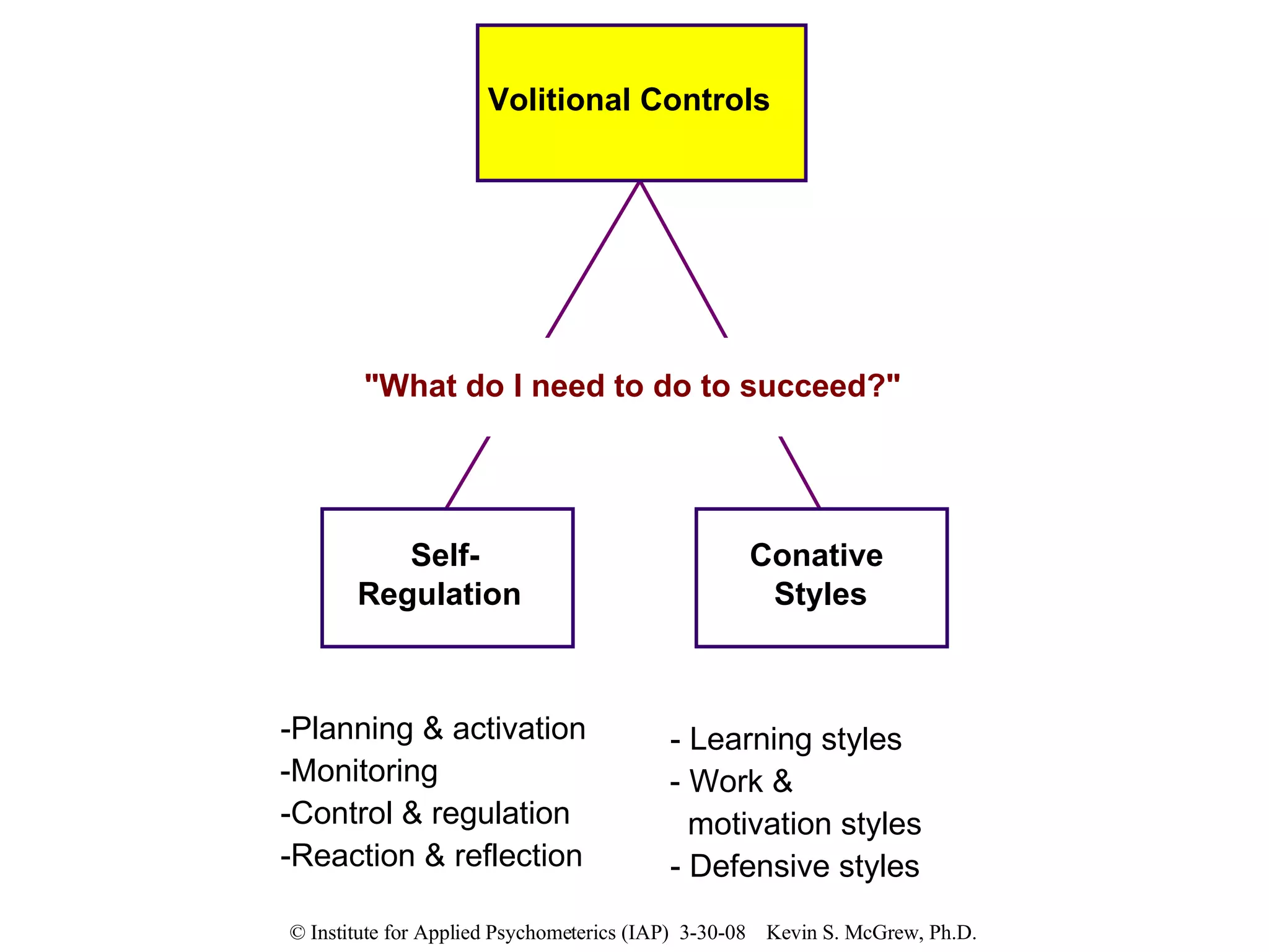 Volitional Controls Self- Regulation Conative Styles -Planning & activation -Monitoring -Control & regulation -Reaction & reflection - Learning styles - Work &  motivation styles - Defensive styles "What do I need to do to succeed?" 