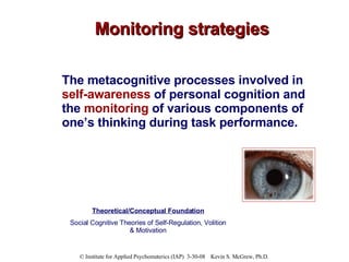 Monitoring strategies The metacognitive processes involved in  self-awareness  of personal cognition and the  monitoring  ...