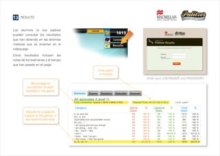 13

RESULTS

Los alumnos (o sus padres)
pueden consultar los resultados
que han obtenido en las distintas
materias que se enseñan en el
videojuego.
Estos resultados incluyen las
notas de los exámenes y el tiempo
que han pasado en el juego.
Time spent
in Pulitzer
Enter your USERNAME and PASSWORD
Percentage of
completion of each
episode in the game

Results for a specific
subject in the game, in
the lessons and total.

 