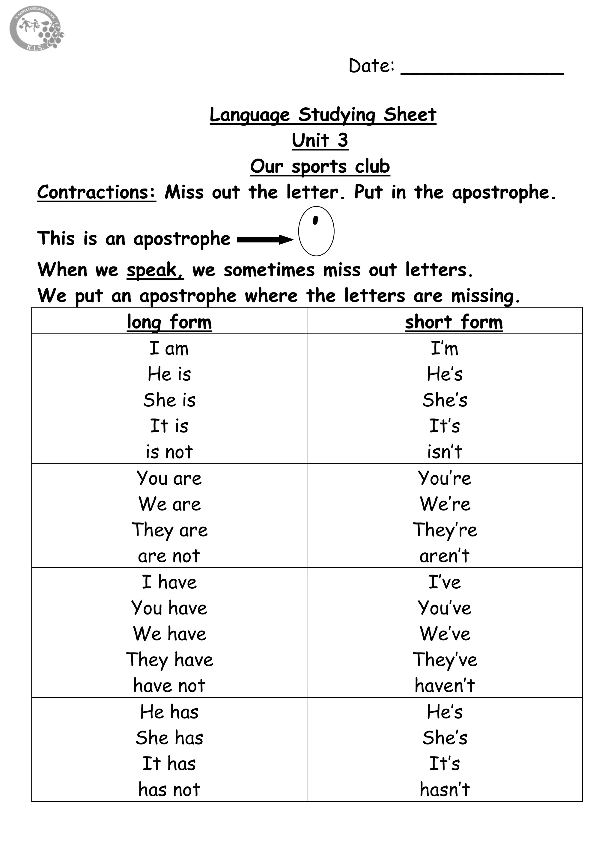 31
Date: ______________
Language Studying Sheet
Unit 3
Our sports club
Contractions: Miss out the letter. Put in the apostrophe.
This is an apostrophe ’
When we speak, we sometimes miss out letters.
We put an apostrophe where the letters are missing.
long form short form
I am
He is
She is
It is
is not
I’m
He’s
She’s
It’s
isn’t
You are
We are
They are
are not
You’re
We’re
They’re
aren’t
I have
You have
We have
They have
have not
I’ve
You’ve
We’ve
They’ve
haven’t
He has
She has
It has
has not
He’s
She’s
It’s
hasn’t
 